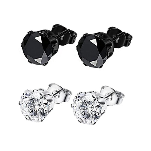 2 Pairs 316L Surgical-Steel Black & Silver Round CZ Men & Women Stud Earrings